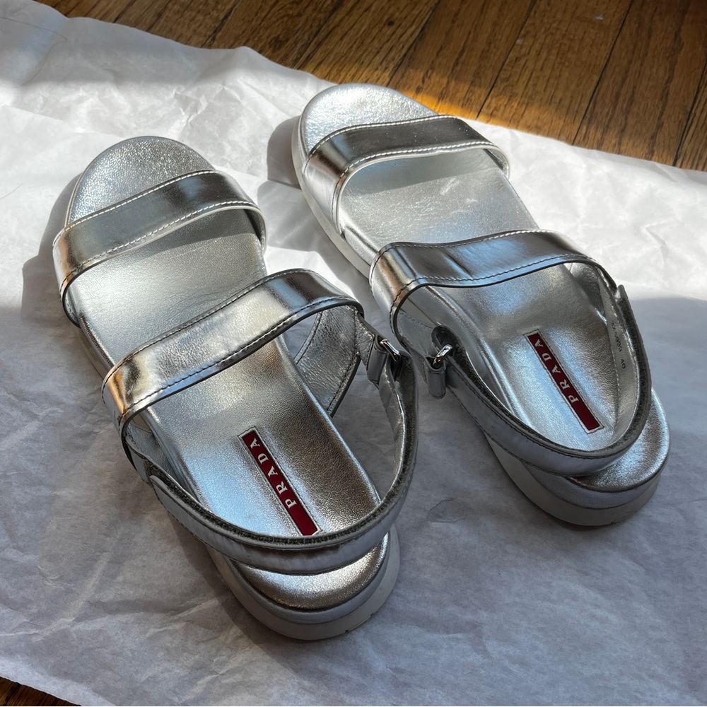Metallic silver chrome PRADA slingback sandals